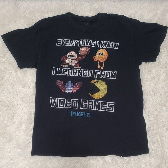 T-shirt Rétro Pixels Movie Noir, Manches Courtes : 'Tout Ce Que Je Sais, Je L'ai Appris Des Jeux Vidéo'